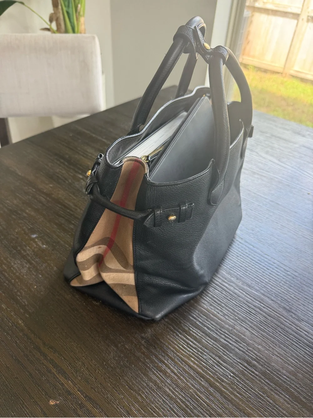 Classic Black Leather Tote with Signature Check Accent